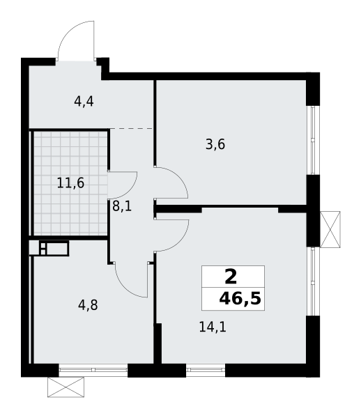 2-комнатная квартира 46.45 м2, 10-й этаж