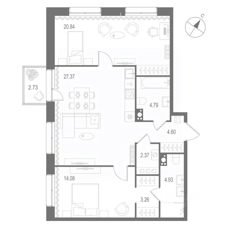 2-комнатная квартира 82.24 м2, 6-й этаж