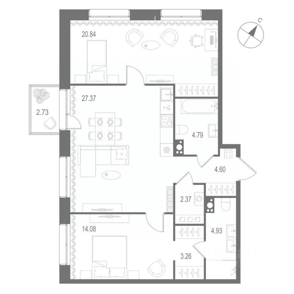 2-комнатная квартира 82.24 м2, 4-й этаж
