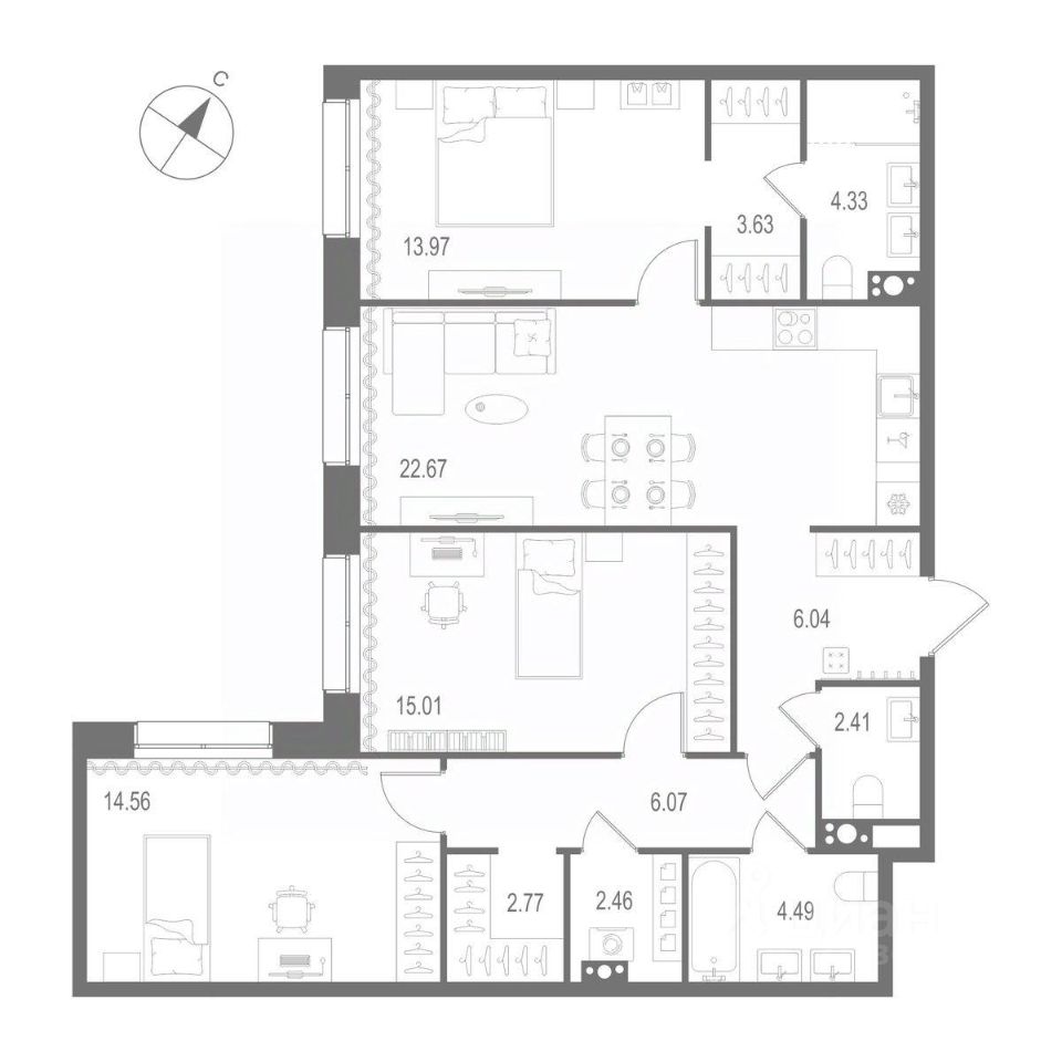 3-комнатная квартира 98.41 м2, 7-й этаж
