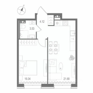 1-комнатная квартира 45.37 м2, 5-й этаж