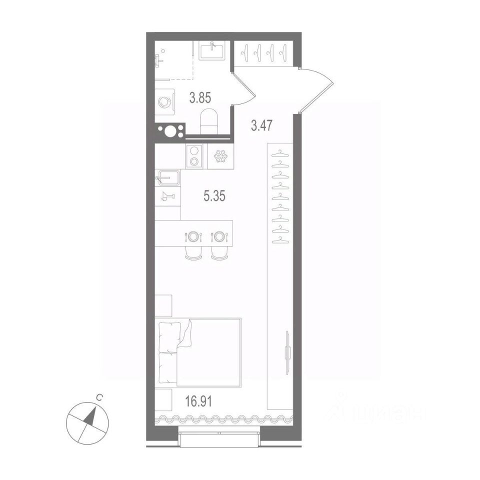 0-комнатная квартира 29.58 м2, 9-й этаж