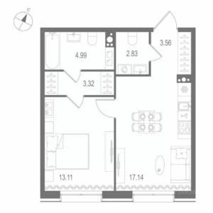 1-комнатная квартира 44.95 м2, 5-й этаж