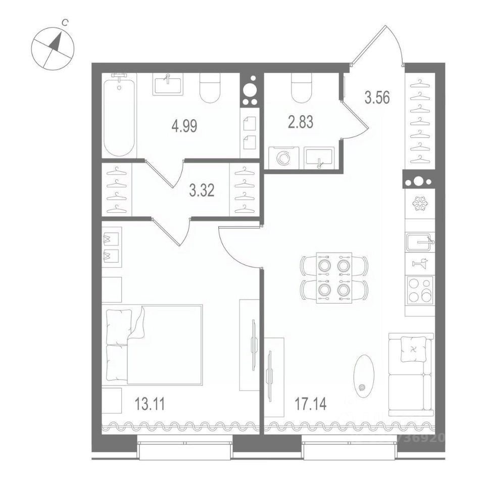 1-комнатная квартира 44.95 м2, 5-й этаж