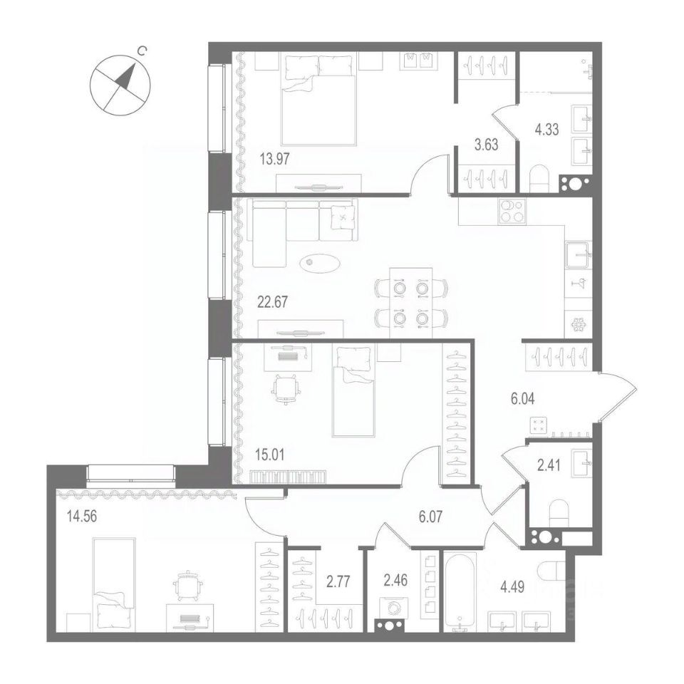 3-комнатная квартира 98.41 м2, 3-й этаж