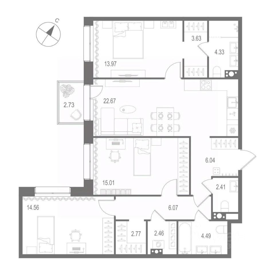 3-комнатная квартира 98.41 м2, 4-й этаж