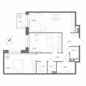 2-комнатная квартира 74.75 м2, 4-й этаж