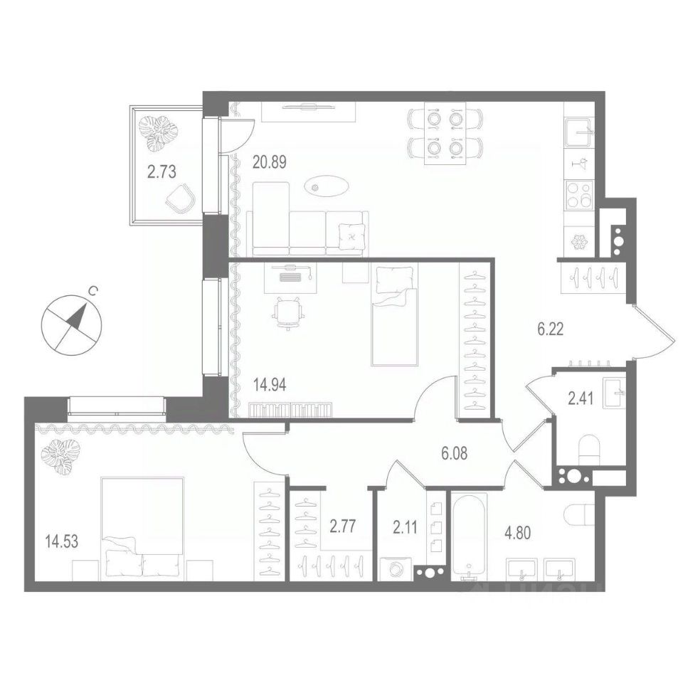 2-комнатная квартира 74.75 м2, 4-й этаж