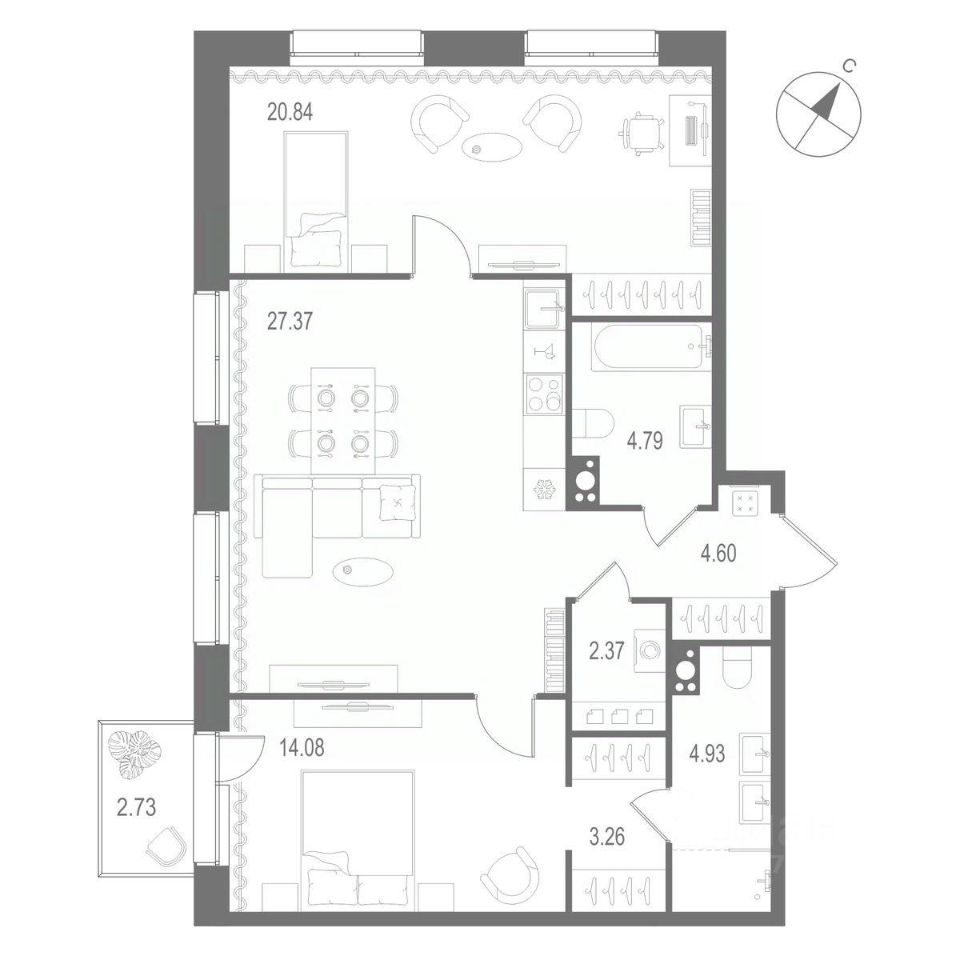 2-комнатная квартира 82.24 м2, 3-й этаж