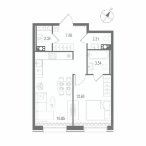 1-комнатная квартира 47.9 м2, 9-й этаж