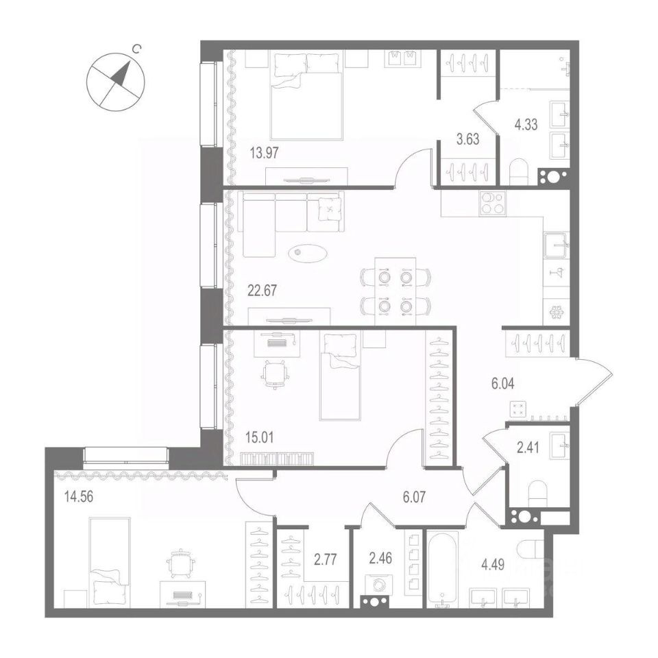 3-комнатная квартира 98.41 м2, 5-й этаж