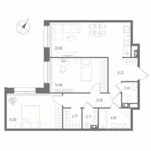 2-комнатная квартира 74.75 м2, 7-й этаж