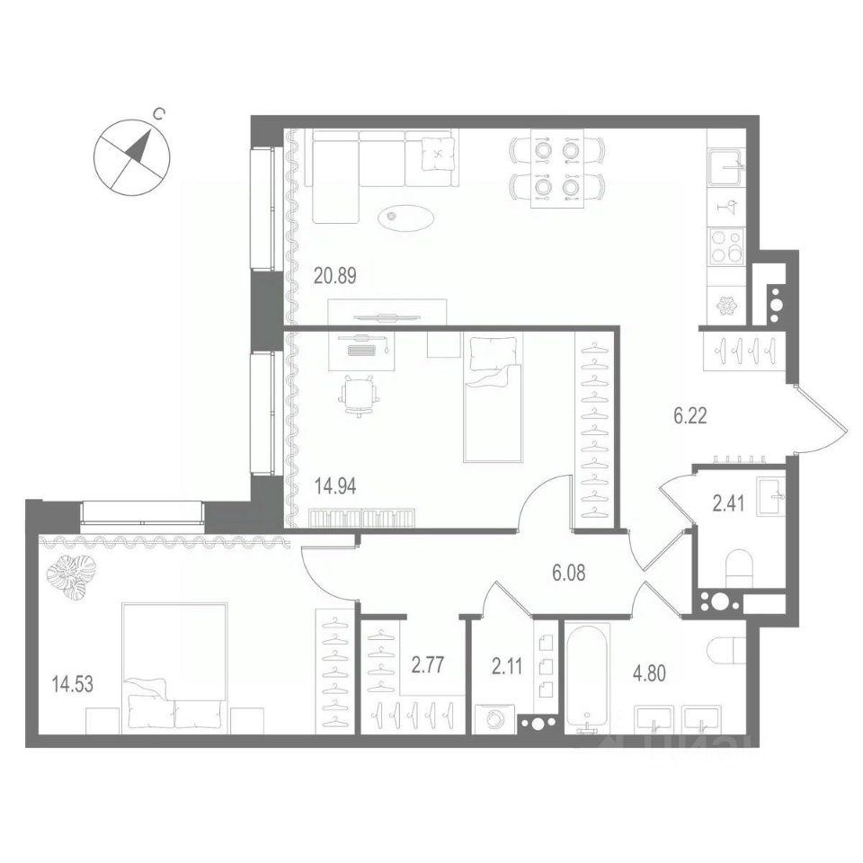 2-комнатная квартира 74.75 м2, 7-й этаж