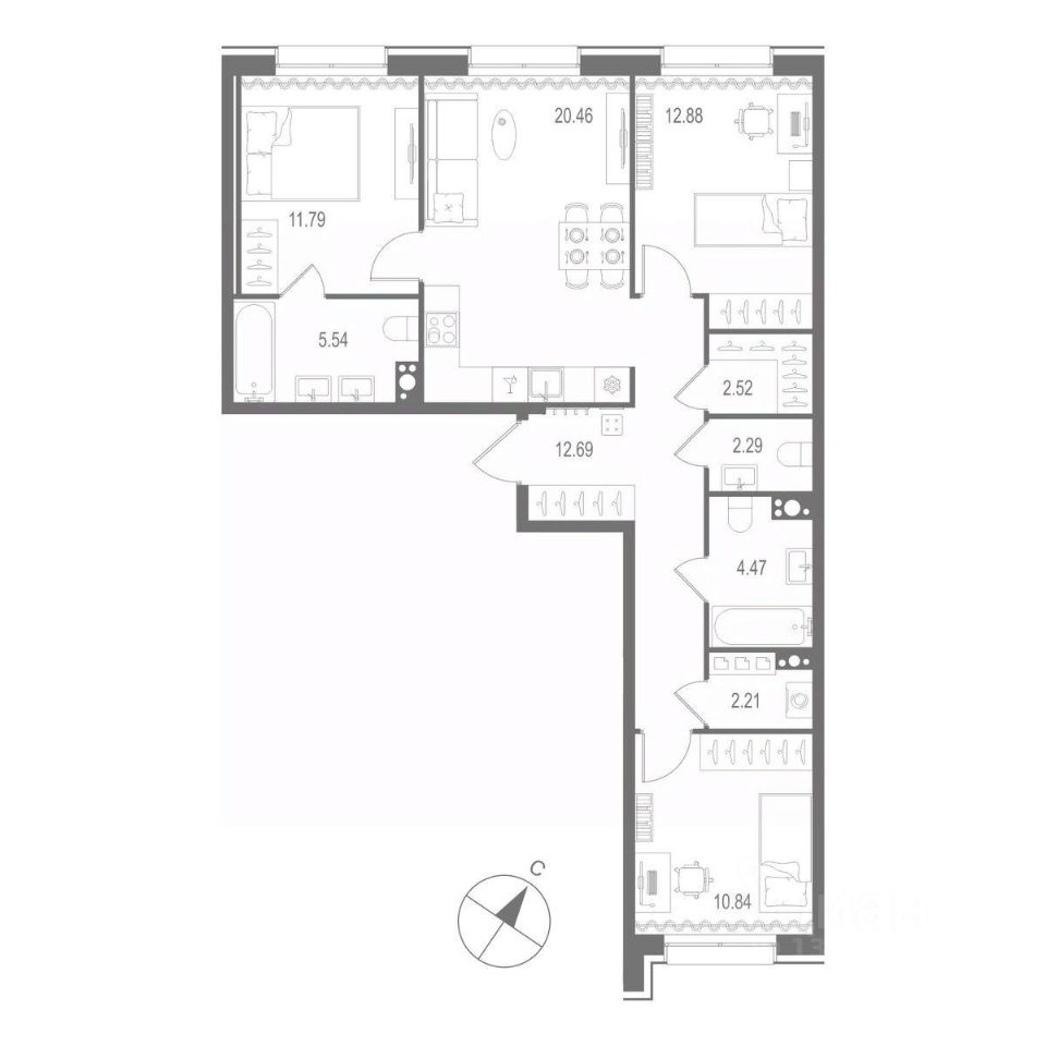 3-комнатная квартира 85.69 м2, 9-й этаж
