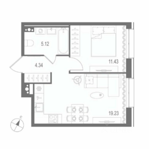 1-комнатная квартира 40.12 м2, 6-й этаж