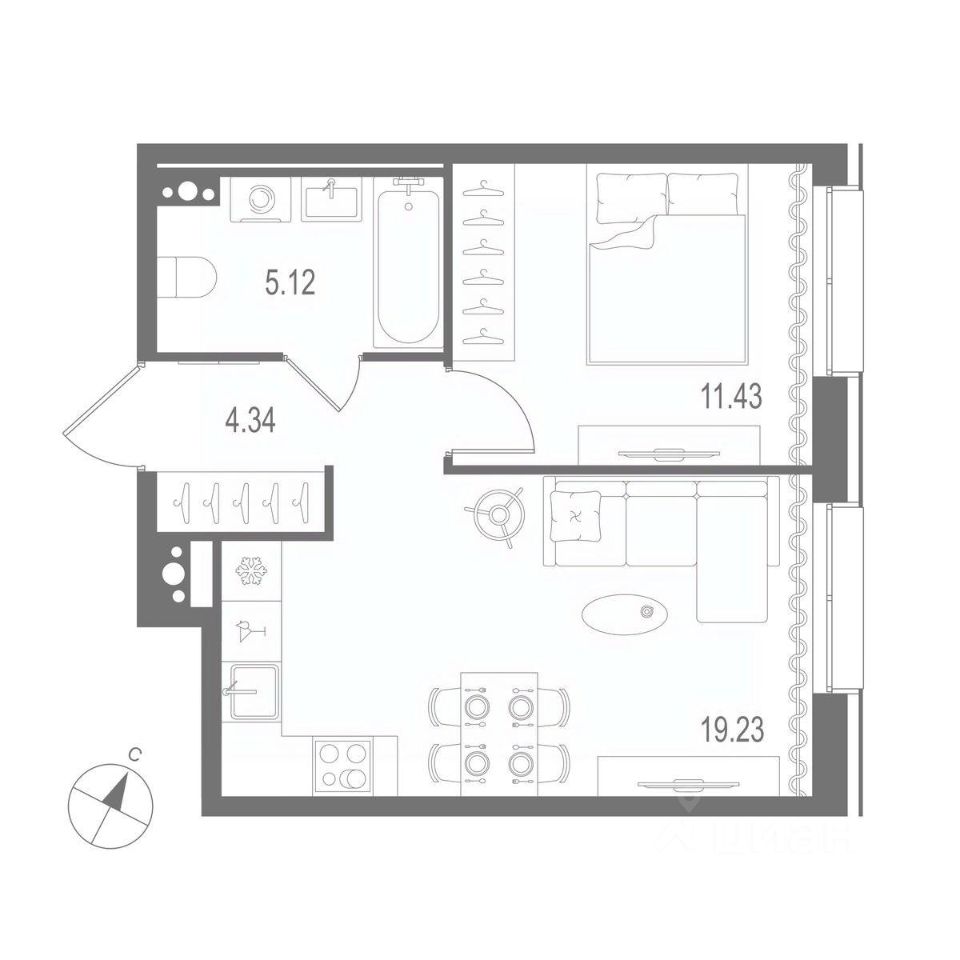 1-комнатная квартира 40.12 м2, 6-й этаж