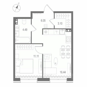 1-комнатная квартира 41.19 м2, 6-й этаж