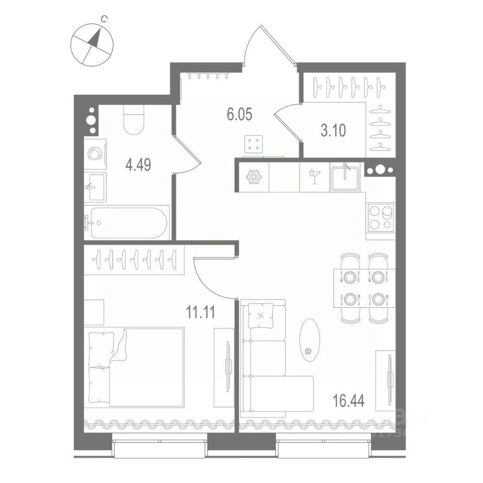 1-комнатная квартира 41.19 м2, 6-й этаж