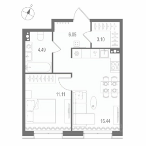 1-комнатная квартира 41.19 м2, 7-й этаж