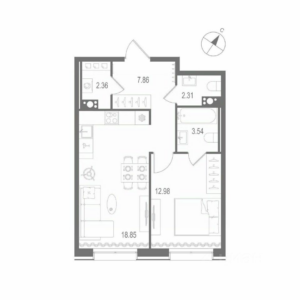 1-комнатная квартира 47.9 м2, 5-й этаж