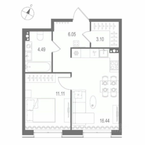 1-комнатная квартира 41.19 м2, 5-й этаж
