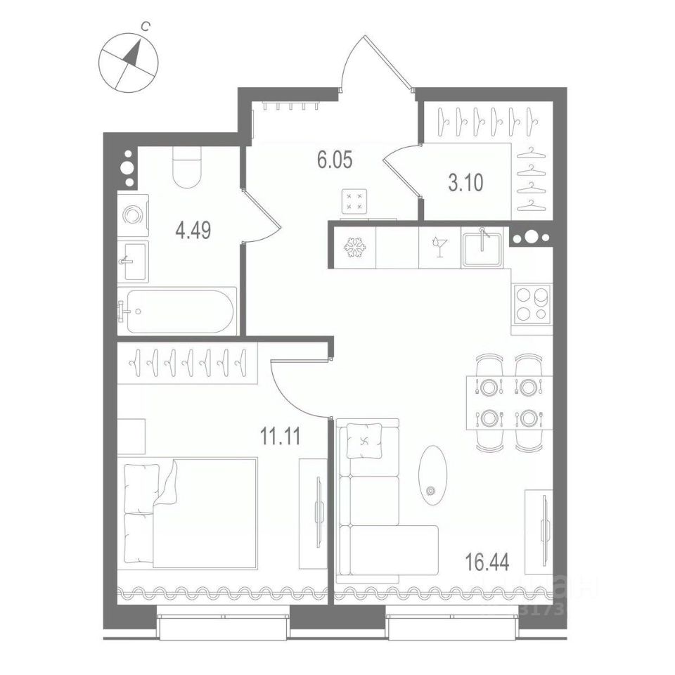 1-комнатная квартира 41.19 м2, 5-й этаж
