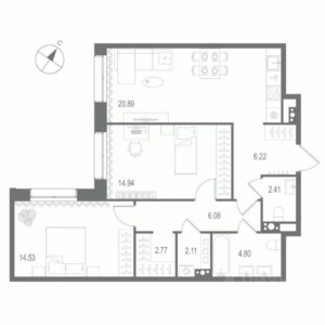 2-комнатная квартира 74.75 м2, 3-й этаж