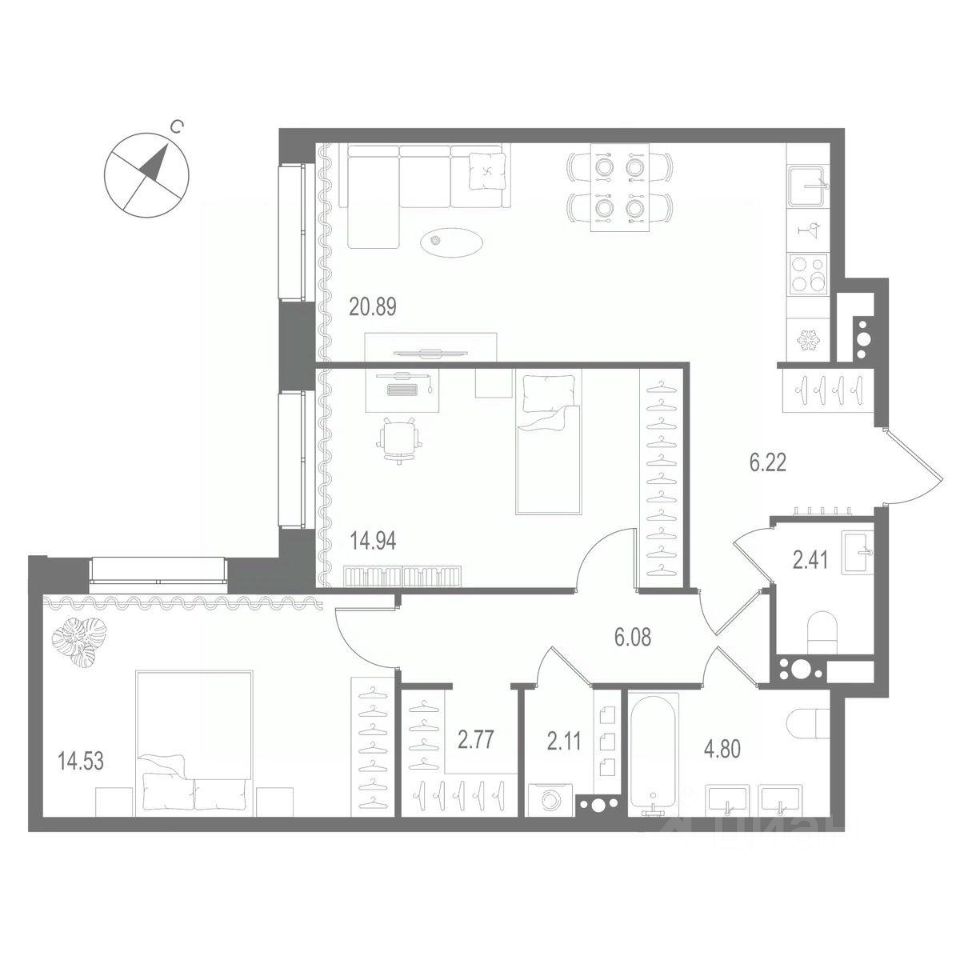 2-комнатная квартира 74.75 м2, 3-й этаж