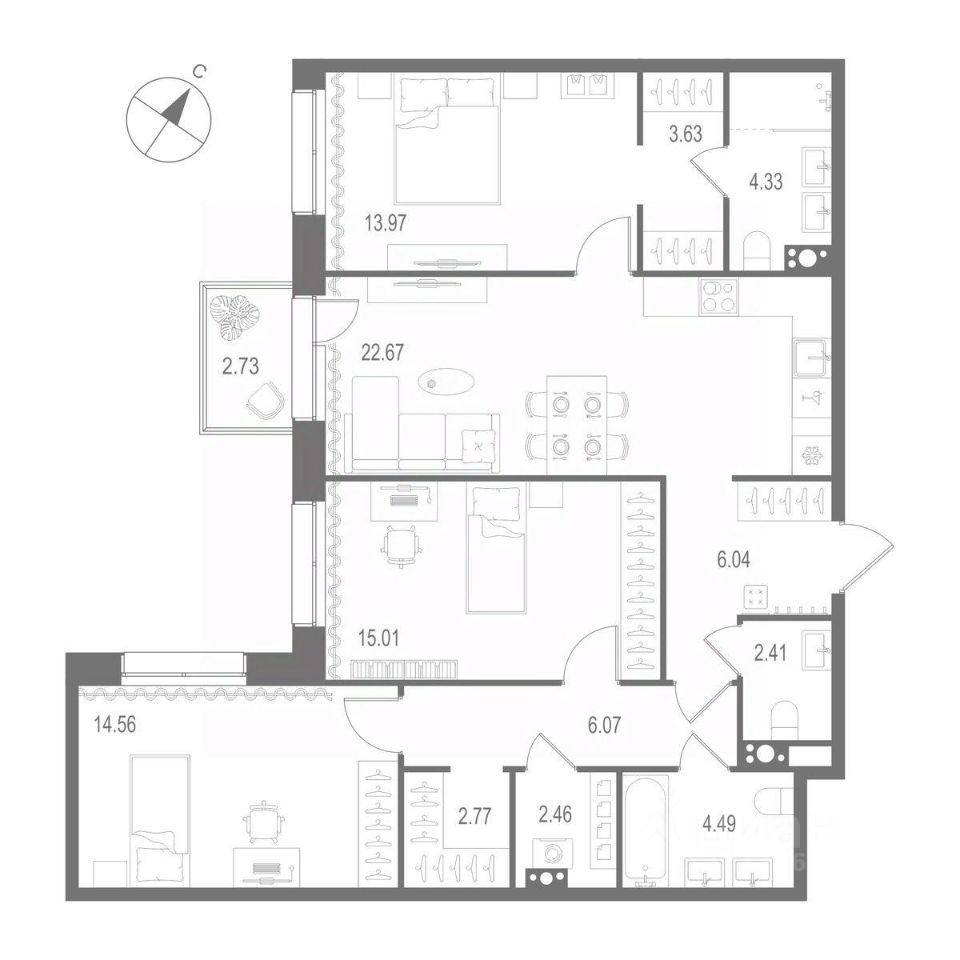3-комнатная квартира 98.41 м2, 6-й этаж