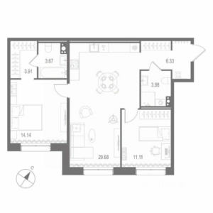 2-комнатная квартира 72.82 м2, 5-й этаж