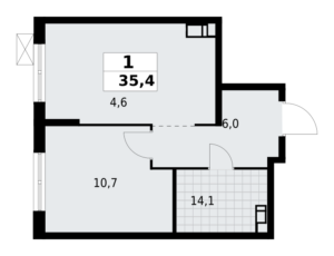 1-комнатная квартира 35.37 м2, 12-й этаж