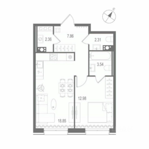 1-комнатная квартира 47.9 м2, 8-й этаж