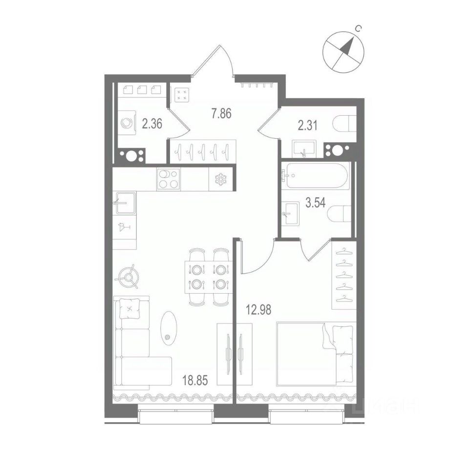 1-комнатная квартира 47.9 м2, 8-й этаж