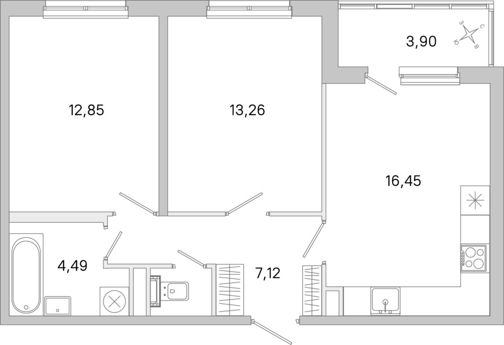 2-комнатная квартира 57.78 м2, 1-й этаж