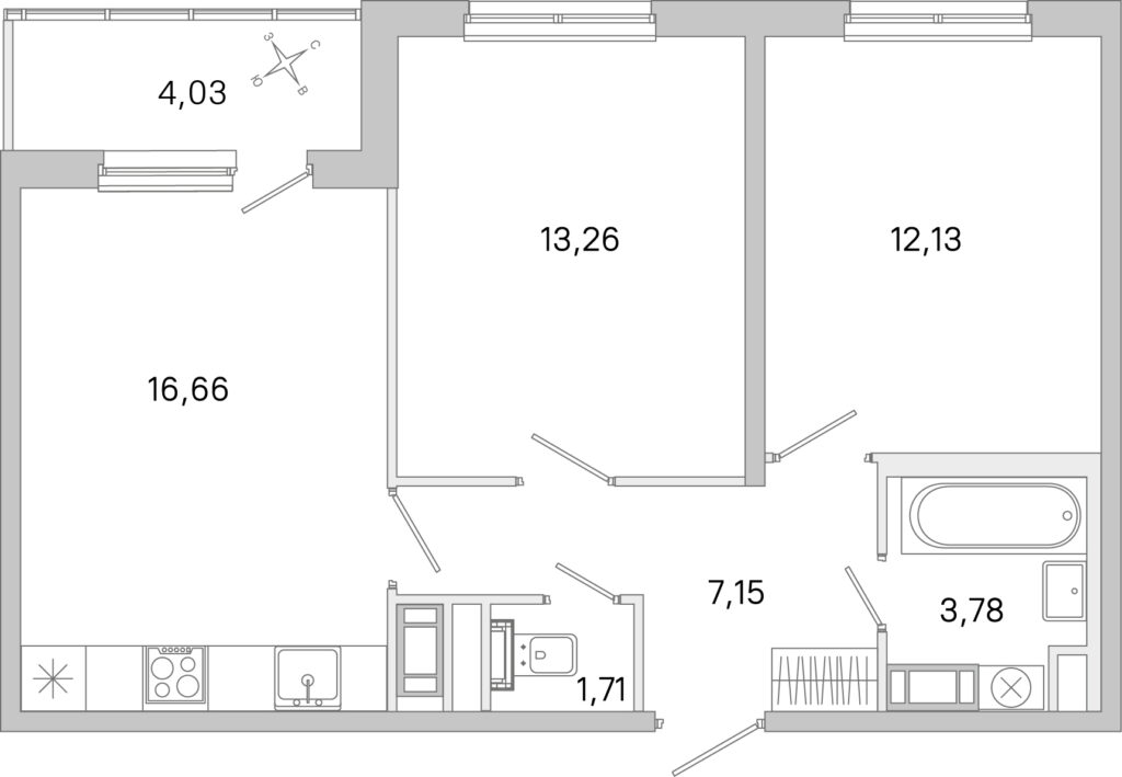 2-комнатная квартира 56.71 м2, 2-й этаж