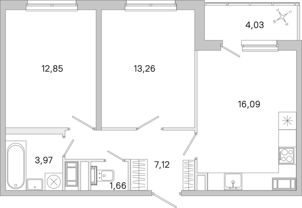 2-комнатная квартира 56.97 м2, 5-й этаж