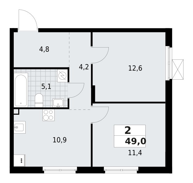 2-комнатная квартира 49 м2, 2-й этаж