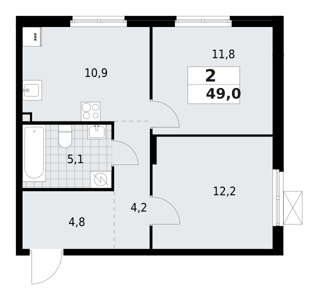 2-комнатная квартира 49 м2, 2-й этаж