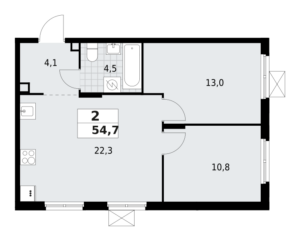 2-комнатная квартира 54.7 м2, 2-й этаж