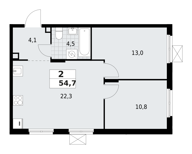 2-комнатная квартира 54.7 м2, 2-й этаж