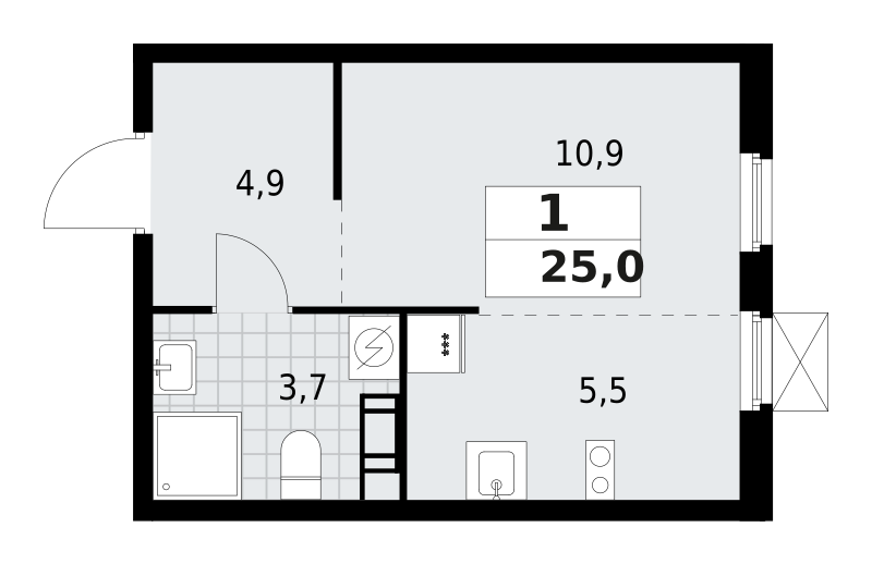 1-комнатная квартира 25 м2, 7-й этаж
