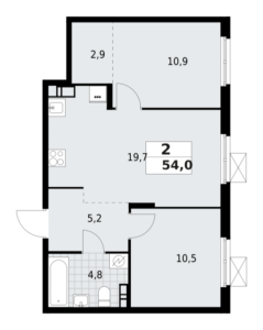 2-комнатная квартира 54 м2, 6-й этаж