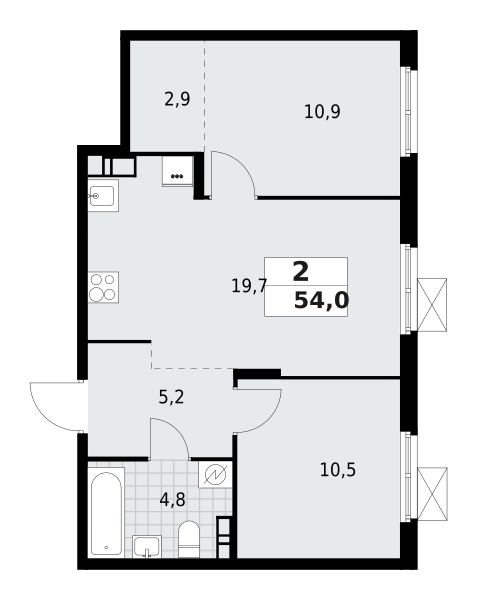 2-комнатная квартира 54 м2, 6-й этаж