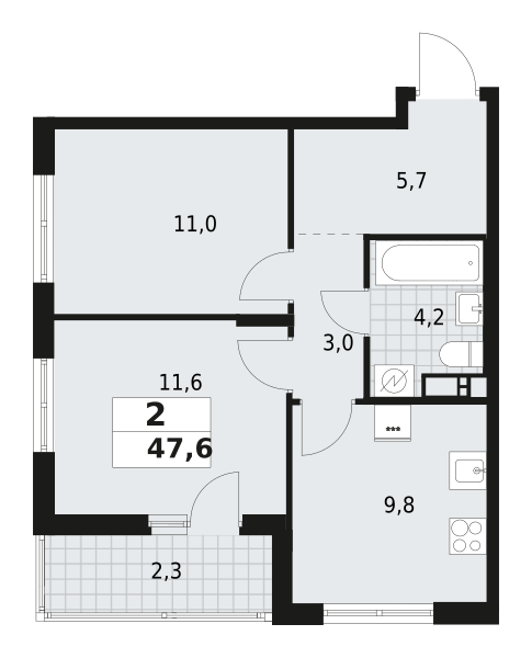 2-комнатная квартира 47.6 м2, 9-й этаж