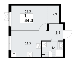 1-комнатная квартира 34.3 м2, 2-й этаж