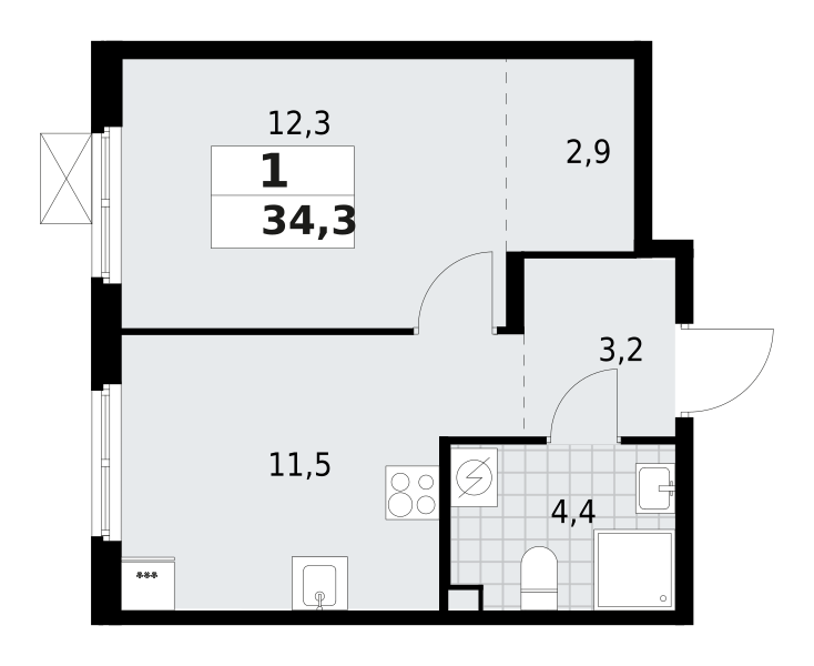1-комнатная квартира 34.3 м2, 2-й этаж