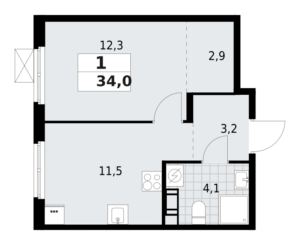 1-комнатная квартира 34 м2, 3-й этаж