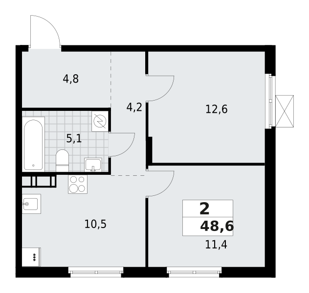 2-комнатная квартира 48.6 м2, 8-й этаж