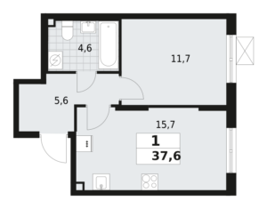 1-комнатная квартира 37.6 м2, 2-й этаж