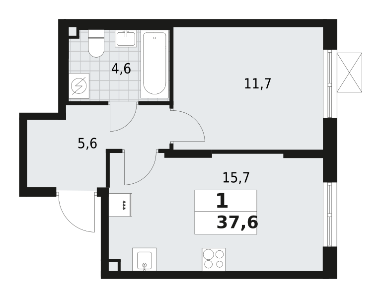 1-комнатная квартира 37.6 м2, 2-й этаж